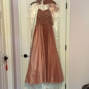 strapless orangey pink prom dress